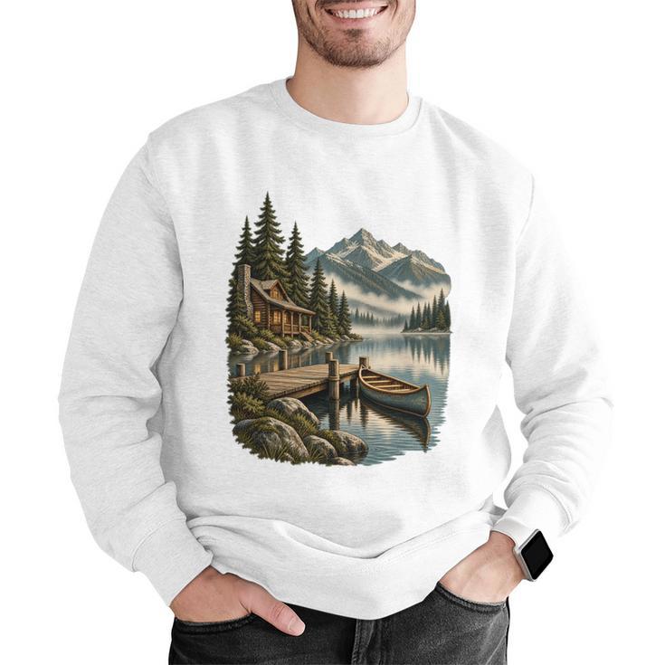 Lakeside Canoe Cabin Escape Scene Men Graphic Sweatshirt Lakeside Canoe Cabin Escape Scene Men Graphic Sweatshirt