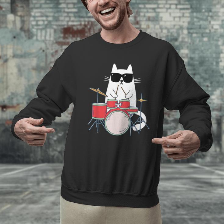 Cat Wearing Sunglasses Playing Drums Drum Kit Musician Men Graphic Sweatshirt