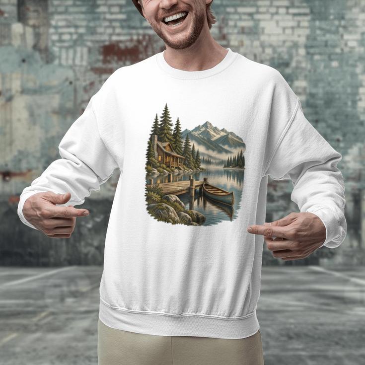 Lakeside Canoe Cabin Escape Scene Raglan Baseball Tee Men Graphic Sweatshirt Lakeside Canoe Cabin Escape Scene Raglan Baseball Tee Men Graphic Sweatshirt