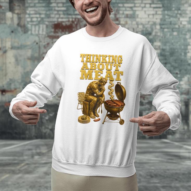 Thinking About Meat BBQ Dad Humor Raglan Baseball Tee Men Graphic Sweatshirt