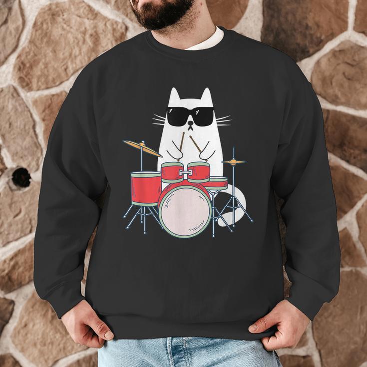Cat Wearing Sunglasses Playing Drums Drum Kit Musician Men Graphic Sweatshirt