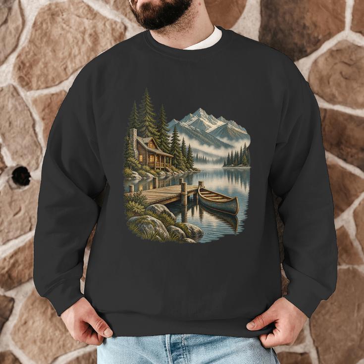 Women's Lakeside Canoe Cabin Escape Scene Men Graphic Sweatshirt Women's Lakeside Canoe Cabin Escape Scene Men Graphic Sweatshirt