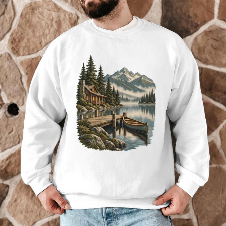 Lakeside Canoe Cabin Escape Scene Men Graphic Sweatshirt Lakeside Canoe Cabin Escape Scene Men Graphic Sweatshirt