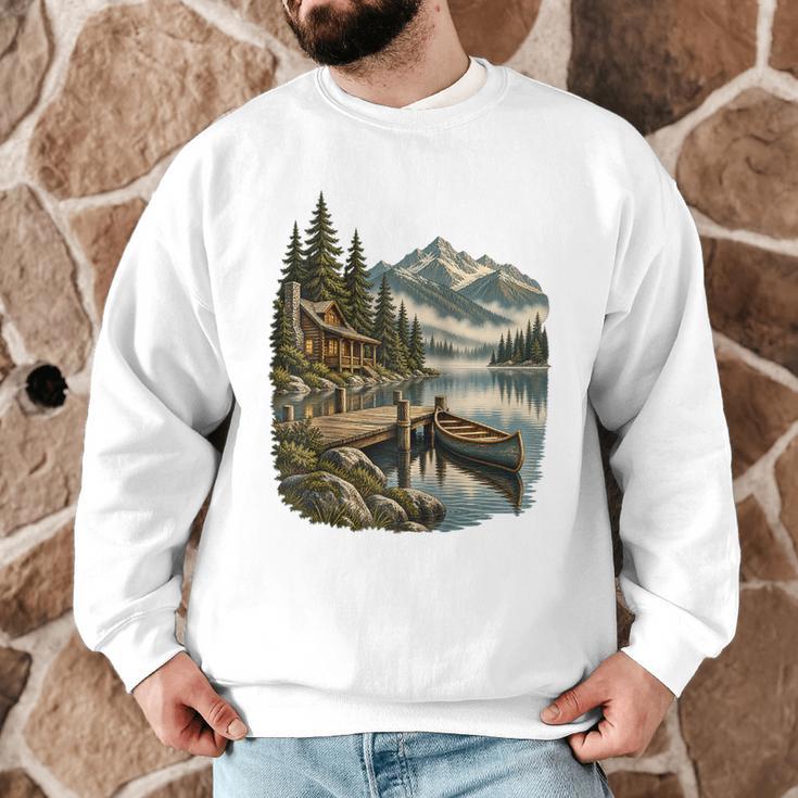 Lakeside Canoe Cabin Escape Scene Raglan Baseball Tee Men Graphic Sweatshirt Lakeside Canoe Cabin Escape Scene Raglan Baseball Tee Men Graphic Sweatshirt