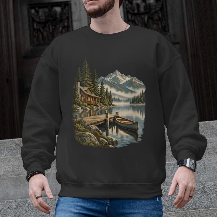 Women's Lakeside Canoe Cabin Escape Scene Men Graphic Sweatshirt