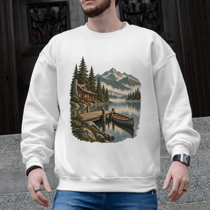 Lakeside Canoe Cabin Escape Scene Men Graphic Sweatshirt