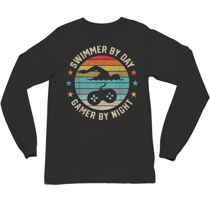 Swimmer By Day Gamer By Night Swimming Swim Lover Gaming Unisex Long Sleeve T-Shirt