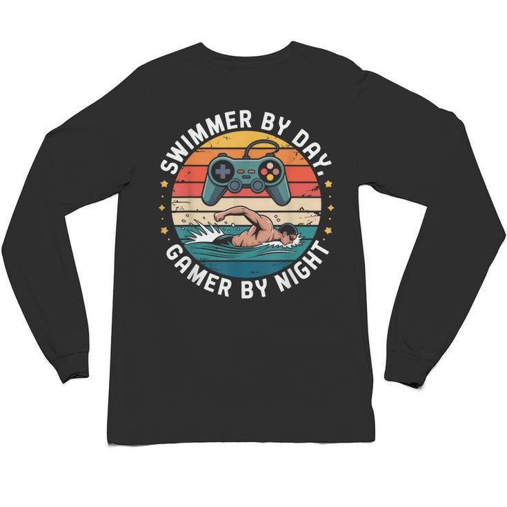 Swimmer By Day Gamer By Night Swimming Vintage Gaming Swim Unisex Long Sleeve T-Shirt