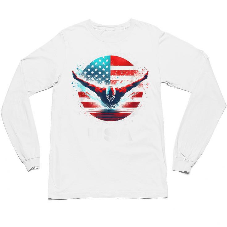 Swimming United States Shirt With American Flag Swimming Unisex Long Sleeve T-Shirt