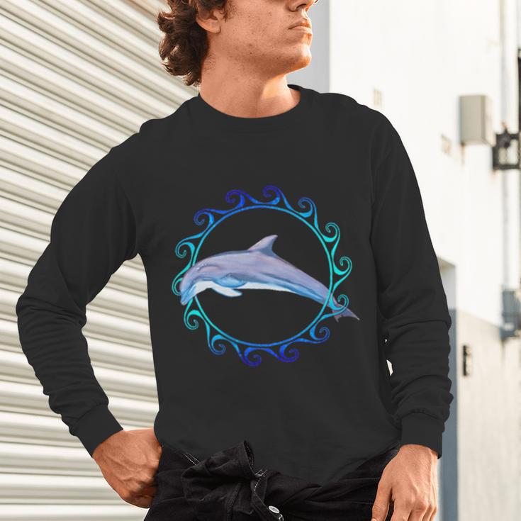 Swimming Dolphin Maori Sun Tribal Waves 2-Sided Unisex Long Sleeve T-Shirt