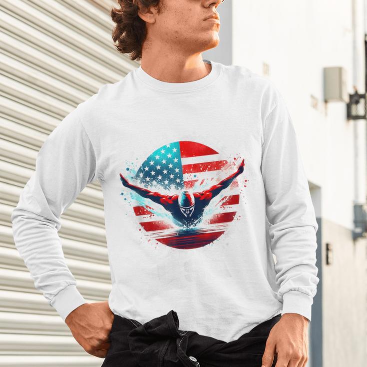 Swimming United States Shirt With American Flag Swimming Unisex Long Sleeve T-Shirt