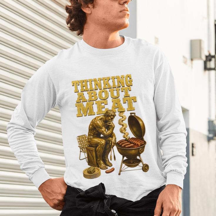 Thinking About Meat BBQ Dad Humor Raglan Baseball Tee Unisex Long Sleeve T-Shirt