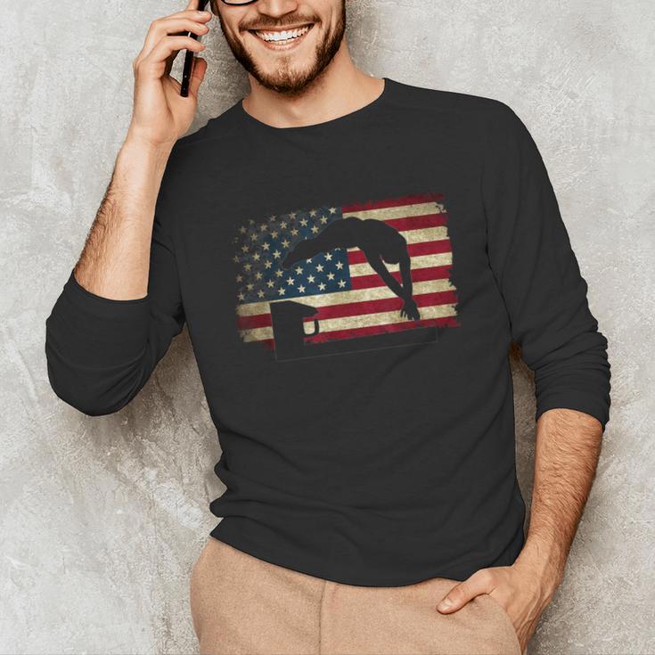 Swimming Swim Team Distressed American Flag USA Swimmer Unisex Long Sleeve T-Shirt