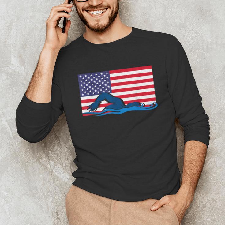 USA Flag Swimmer Swimming Sport Athlete Swim Swimming Unisex Long Sleeve T-Shirt USA Flag Swimmer Swimming Sport Athlete Swim Swimming Unisex Long Sleeve T-Shirt