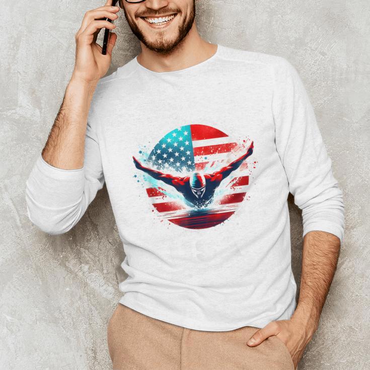 Swimming United States Shirt With American Flag Swimming Unisex Long Sleeve T-Shirt