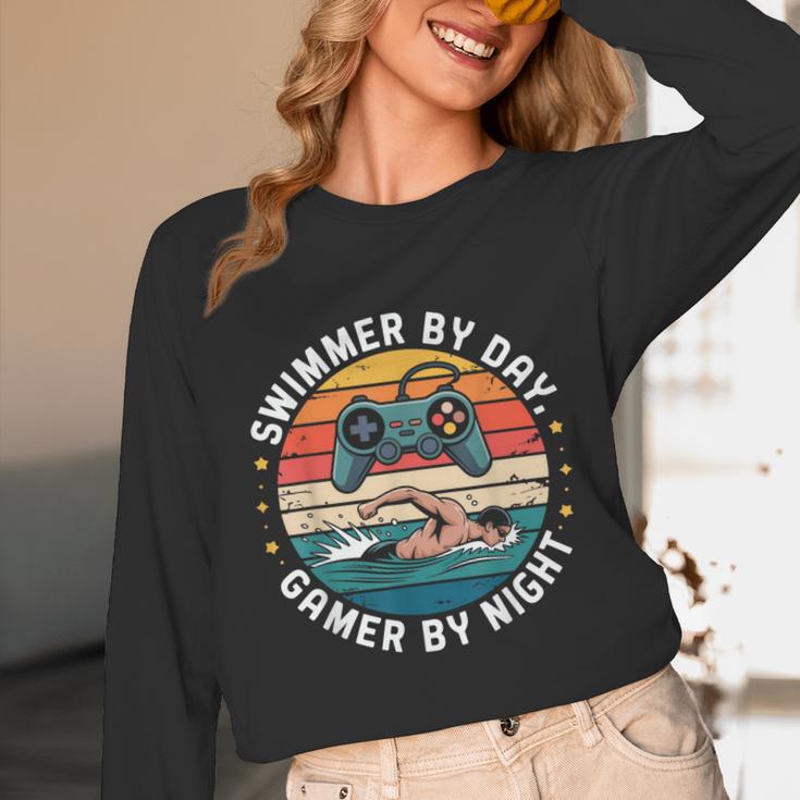 Swimmer By Day Gamer By Night Swimming Vintage Gaming Swim Unisex Long Sleeve T-Shirt Swimmer By Day Gamer By Night Swimming Vintage Gaming Swim Unisex Long Sleeve T-Shirt