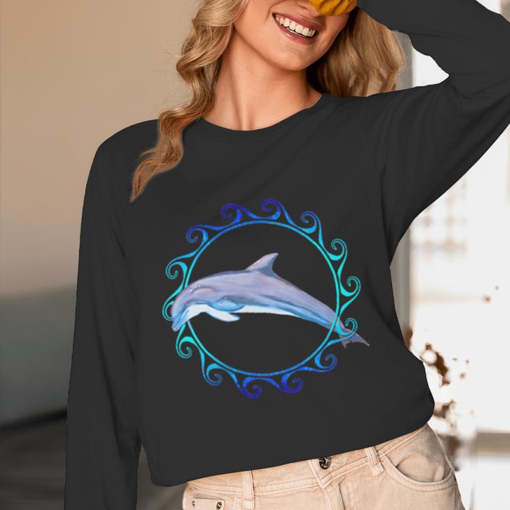 Swimming Dolphin Maori Sun Tribal Waves 2-Sided Unisex Long Sleeve T-Shirt