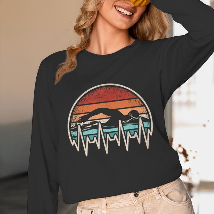 Swimming Heartbeat Retro Swim Swimmer Men Women Unisex Long Sleeve T-Shirt Swimming Heartbeat Retro Swim Swimmer Men Women Unisex Long Sleeve T-Shirt