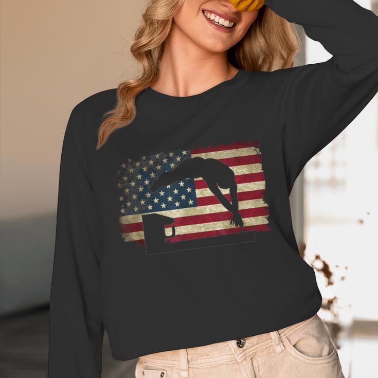 Swimming Swim Team Distressed American Flag USA Swimmer Unisex Long Sleeve T-Shirt