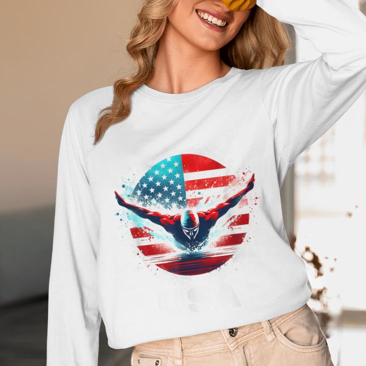 Swimming United States Shirt With American Flag Swimming Unisex Long Sleeve T-Shirt