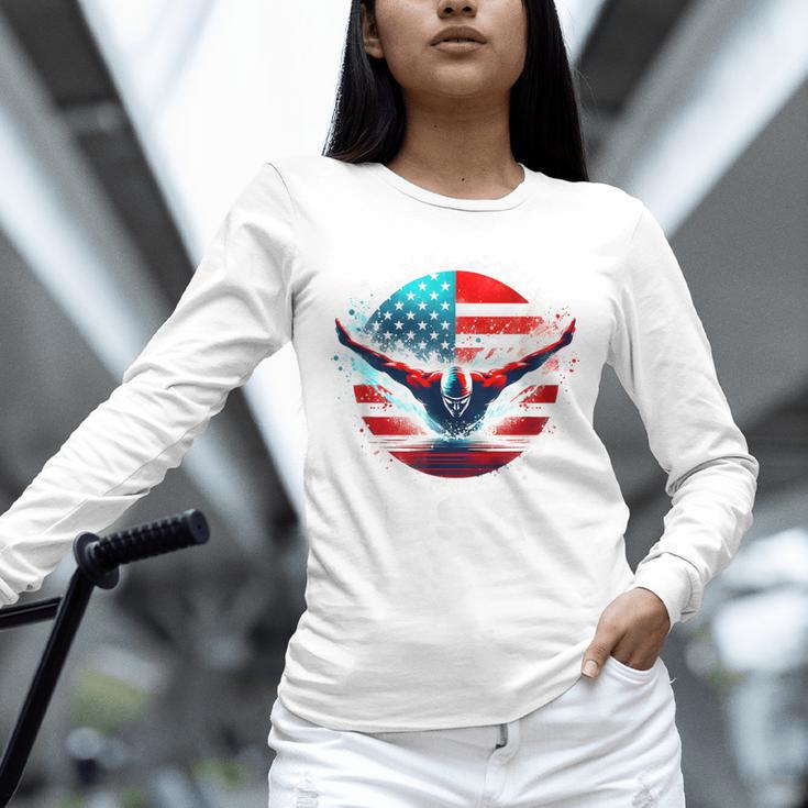Swimming United States Shirt With American Flag Swimming Unisex Long Sleeve T-Shirt