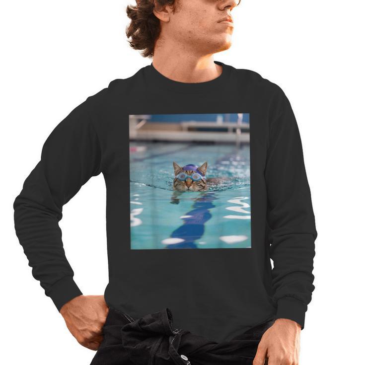 Competitive Swim Team Funny Kitty Cat Swimming Men's Long Sleeve T-Shirt