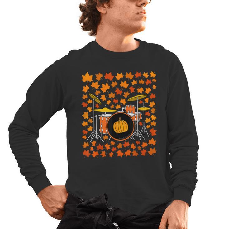 Drum Kit With Leaves Fall Drummer Autumn Musician Men's Long Sleeve T-Shirt