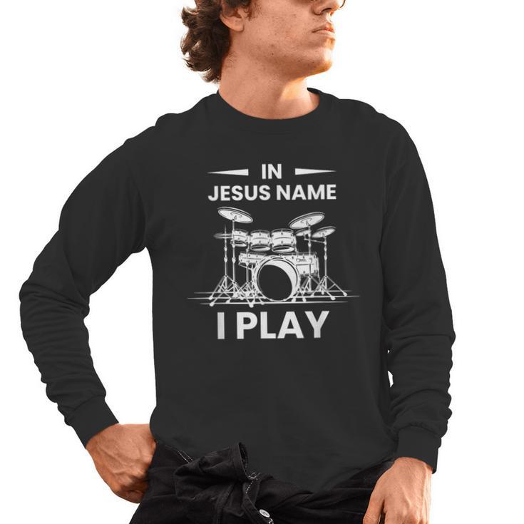 In Jesus Name I Play Drummer Drum Kit Men's Long Sleeve T-Shirt