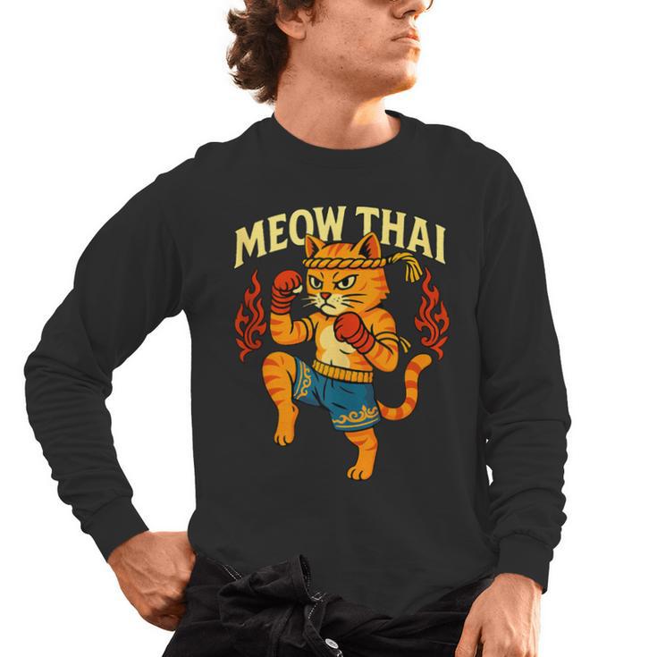 Meow Thai Muay Thai Cat Fighter Pun Dad Joke Men's Long Sleeve T-Shirt