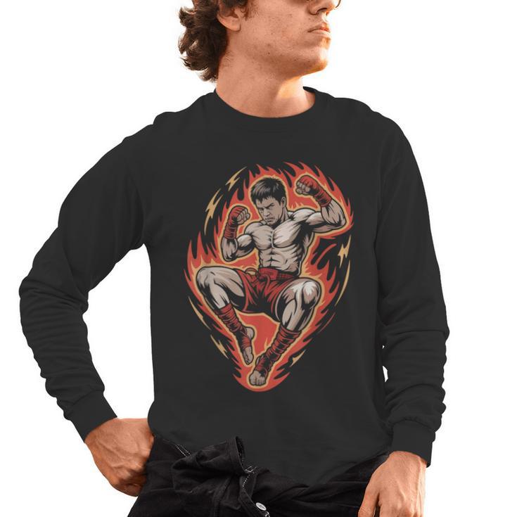 Muay Thai Fighter Teep Push Kick Minimal Line Art Clean Men's Long Sleeve T-Shirt