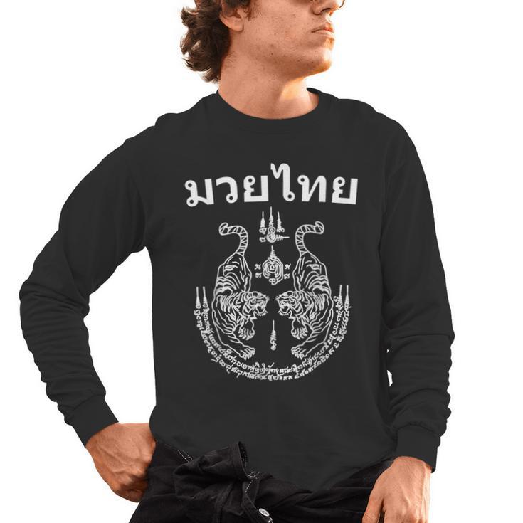 Muay Thai Language Sak Yant Art Tattoo Twin Tiger Kickboxing Men's Long Sleeve T-Shirt