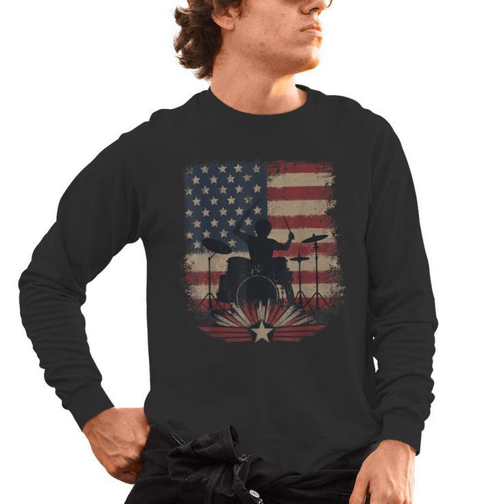 Patriotic Drum Kit Silhouette American Flag Men's Long Sleeve T-Shirt