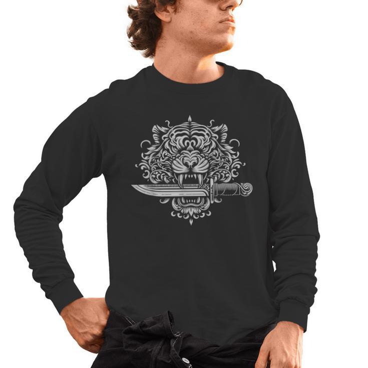Sak Yant Muay Thai MMA Tattoo Tiger Head Knife Martial Art Men's Long Sleeve T-Shirt