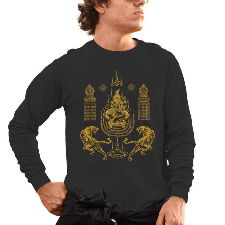 Sawadee Thai Traditional Sak Yant Thai Twin Tigers Muay Thai Men's Long Sleeve T-Shirt