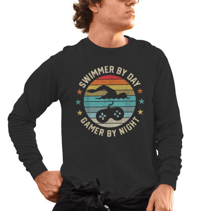 Swimmer By Day Gamer By Night Swimming Swim Lover Gaming Men's Long Sleeve T-Shirt