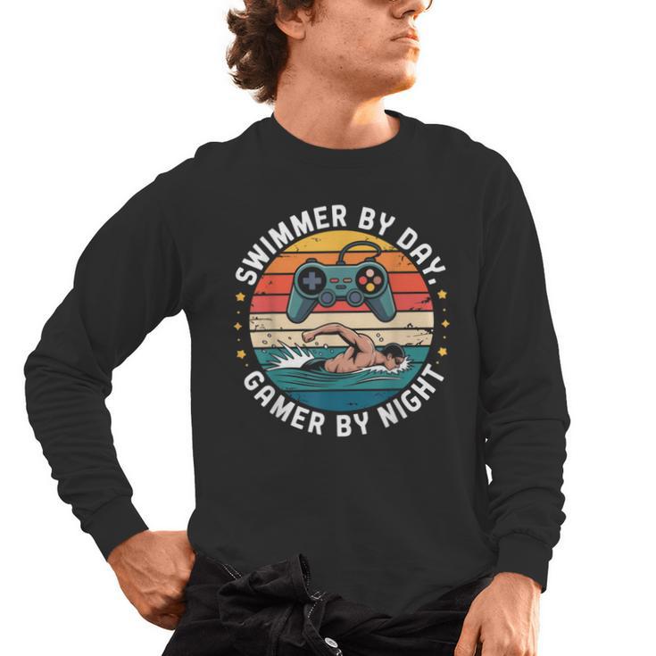 Swimmer By Day Gamer By Night Swimming Vintage Gaming Swim Men's Long Sleeve T-Shirt