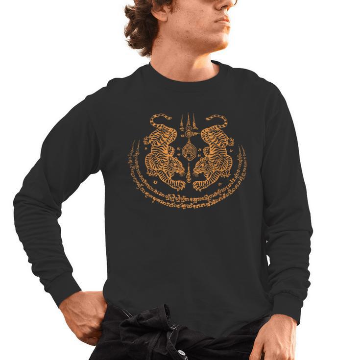 Twin Tiger Sak Yant Tattoo Muay Thai Thai Martial Arts Men's Long Sleeve T-Shirt