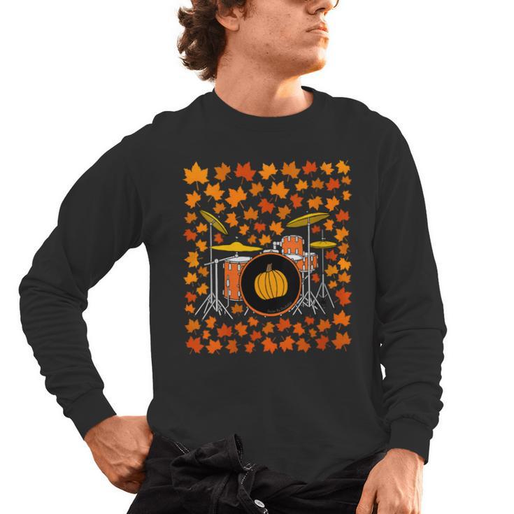 Women's Drum Kit With Leaves Fall Drummer Autumn Musician Men's Long Sleeve T-Shirt