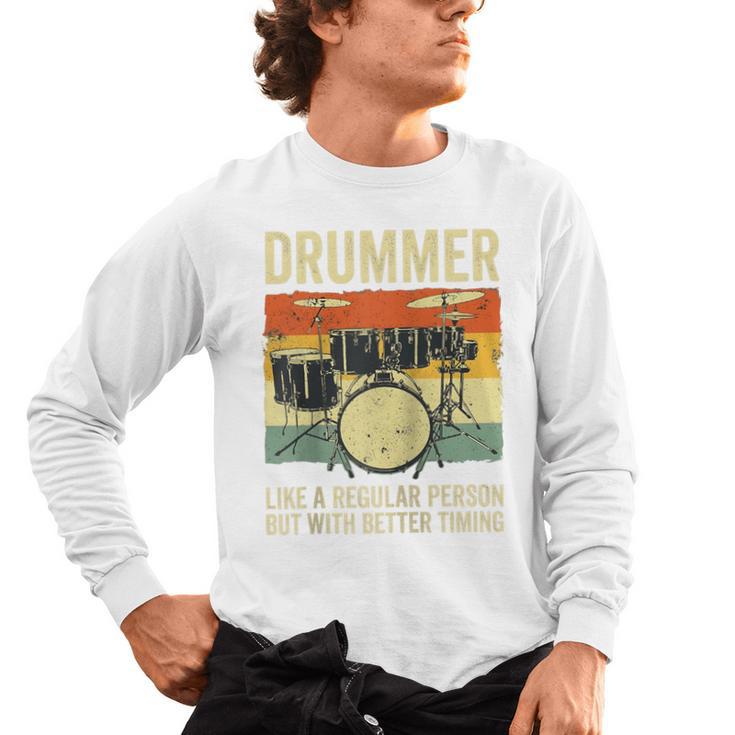 Drummer Better Timing Retro Vintage Sunset Drum Kit Graphic Raglan Baseball Tee Men's Long Sleeve T-Shirt