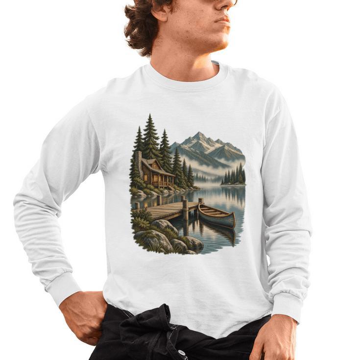 Lakeside Canoe Cabin Escape Scene Men's Long Sleeve T-Shirt