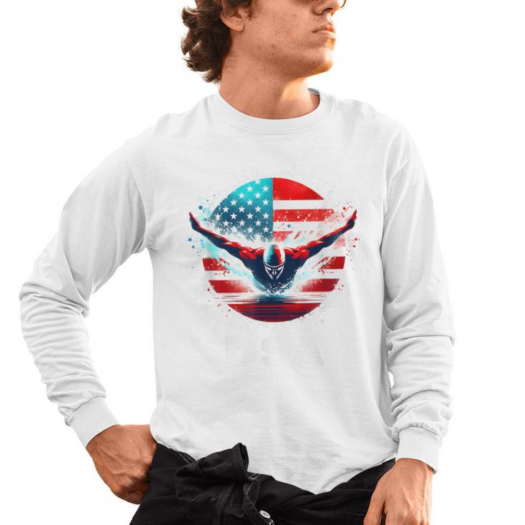 Swimming United States Shirt With American Flag Swimming Men's Long Sleeve T-Shirt