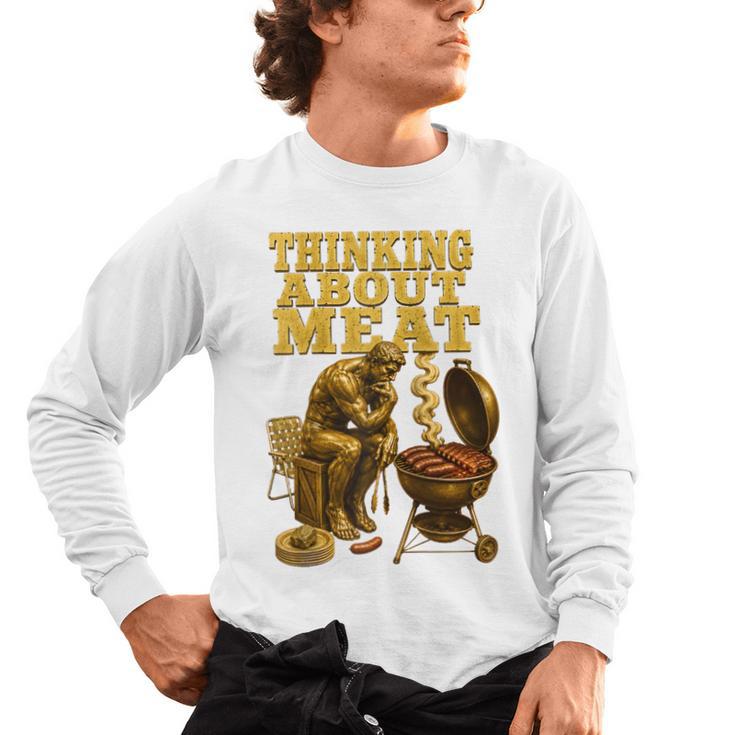 Thinking About Meat BBQ Dad Humor Raglan Baseball Tee Men's Long Sleeve T-Shirt