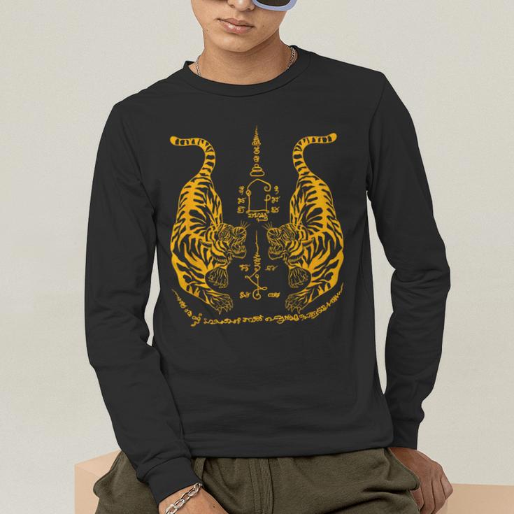 Awesome Orange Double Tiger Muay Thai Sak Yant Men's Long Sleeve T-Shirt