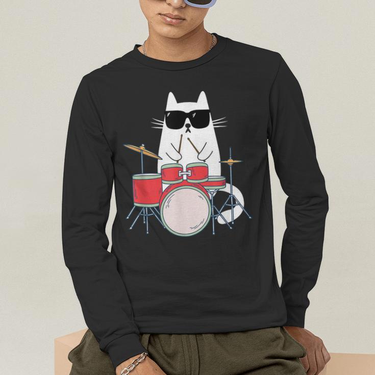 Cat Wearing Sunglasses Playing Drums Drum Kit Musician Men's Long Sleeve T-Shirt Cat Wearing Sunglasses Playing Drums Drum Kit Musician Men's Long Sleeve T-Shirt