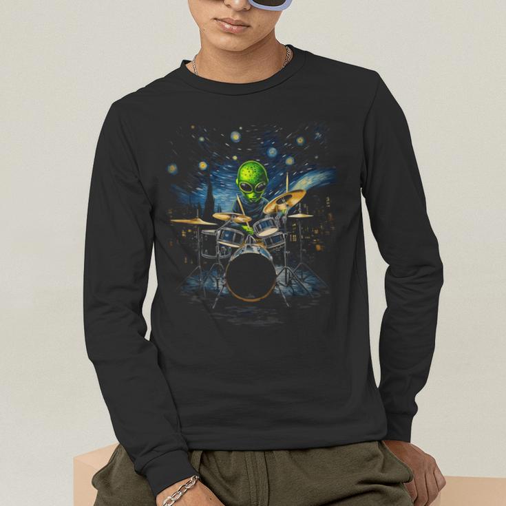 Drum Kit Percussionist Drummer Van Gogh Alien Playing Drums Men's Long Sleeve T-Shirt