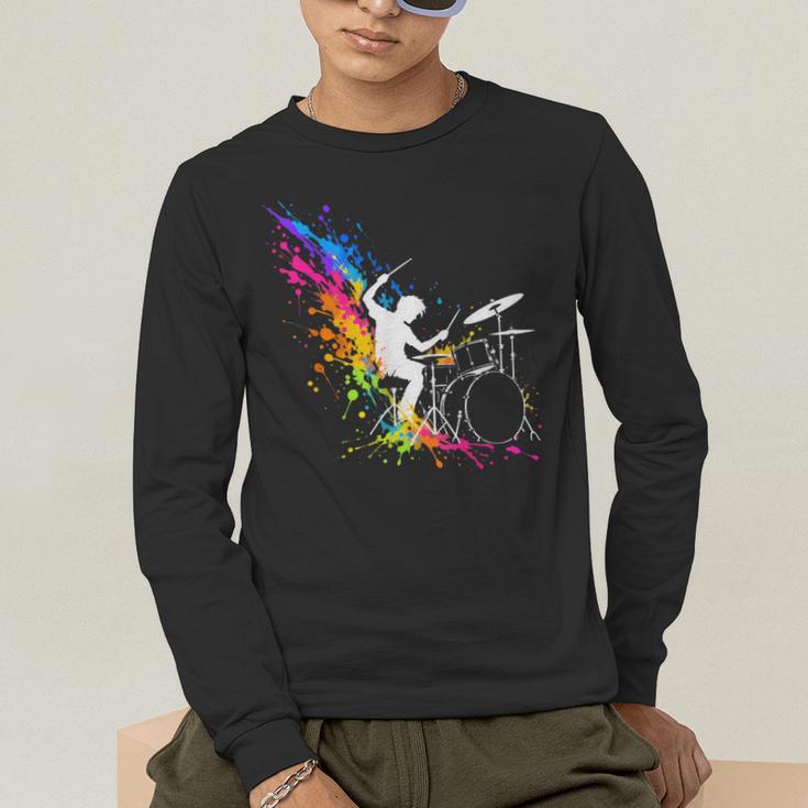 Drummer Silhouette Drum Kit Splatter Art Men's Long Sleeve T-Shirt Drummer Silhouette Drum Kit Splatter Art Men's Long Sleeve T-Shirt