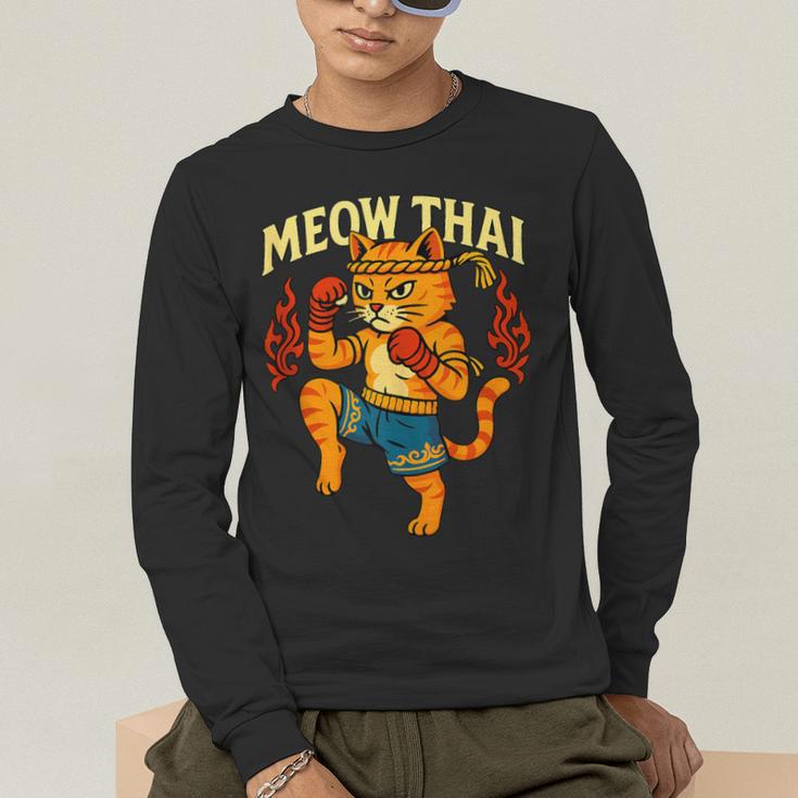Meow Thai Muay Thai Cat Fighter Pun Dad Joke Men's Long Sleeve T-Shirt