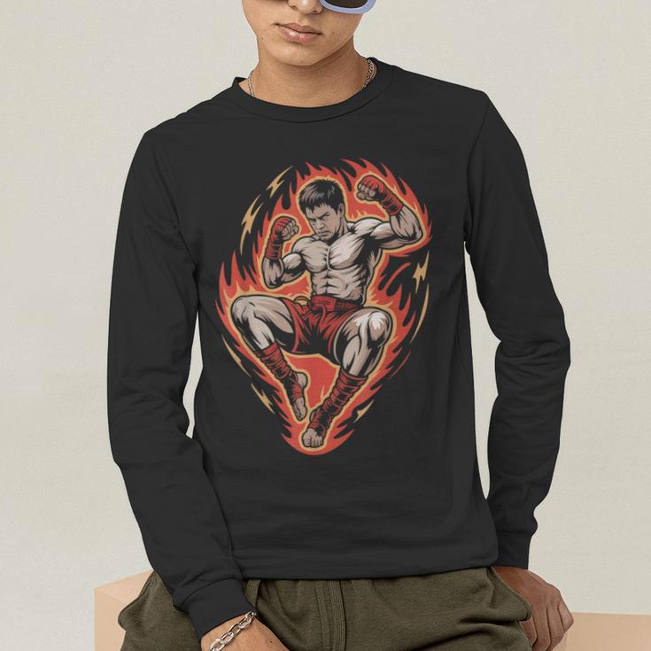 Muay Thai Fighter Teep Push Kick Minimal Line Art Clean Men's Long Sleeve T-Shirt