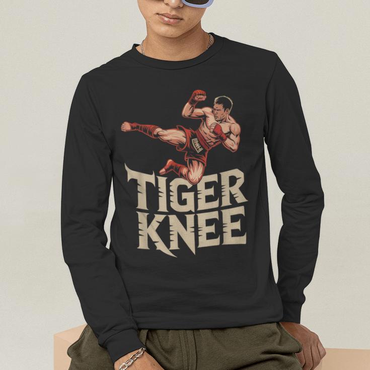 Muay Thai Fighter Tiger Knee Vintage Distressed Badge Men's Long Sleeve T-Shirt Muay Thai Fighter Tiger Knee Vintage Distressed Badge Men's Long Sleeve T-Shirt