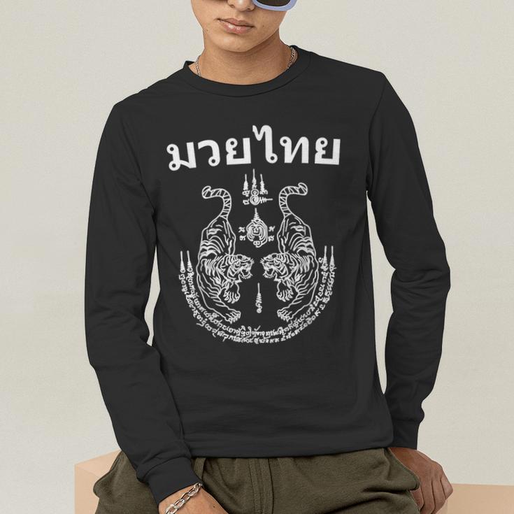 Muay Thai Language Sak Yant Art Tattoo Twin Tiger Kickboxing Men's Long Sleeve T-Shirt Muay Thai Language Sak Yant Art Tattoo Twin Tiger Kickboxing Men's Long Sleeve T-Shirt